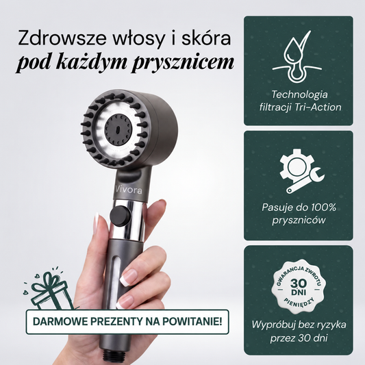 Vivora™ — Głowica Prysznicowa z Potrójną Filtracją · Usuwa Chlor, Kamień i Metale Ciężkie
