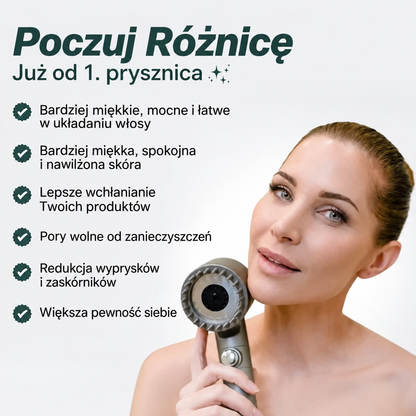 Vivora™ — Głowica Prysznicowa z Potrójną Filtracją · Usuwa Chlor, Kamień i Metale Ciężkie