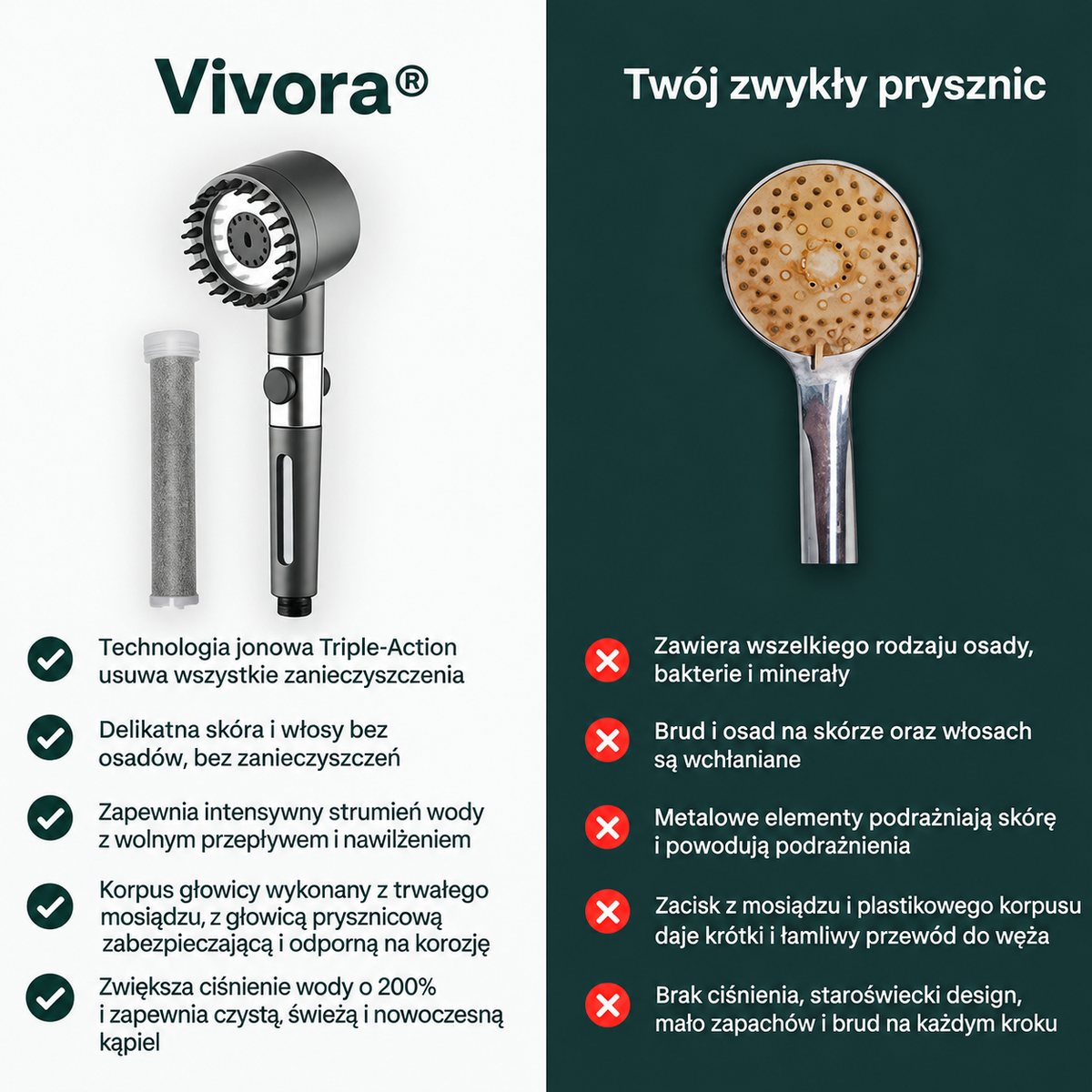 Vivora™ — Głowica Prysznicowa z Potrójną Filtracją · Usuwa Chlor, Kamień i Metale Ciężkie