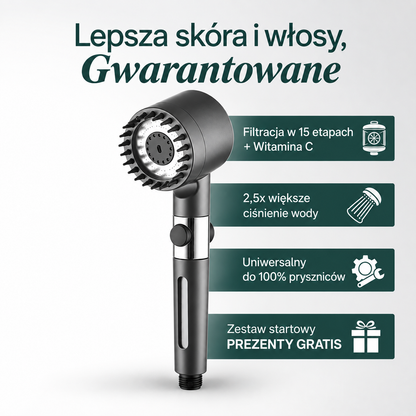 Vivora™ — Głowica Prysznicowa z Potrójną Filtracją · Usuwa Chlor, Kamień i Metale Ciężkie